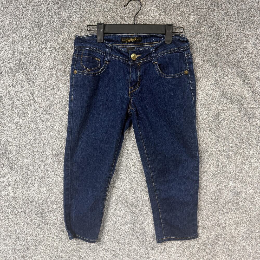 Southpole Capri Jeans Juniors 5 28x20 Blue Dark Wash Stretch Rhinestone Pockets